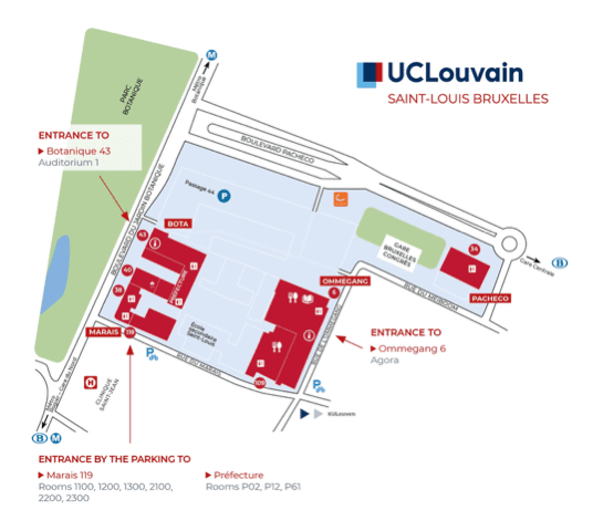 Campus map showing the Rue des Marais 119 car park entrance and Room P02